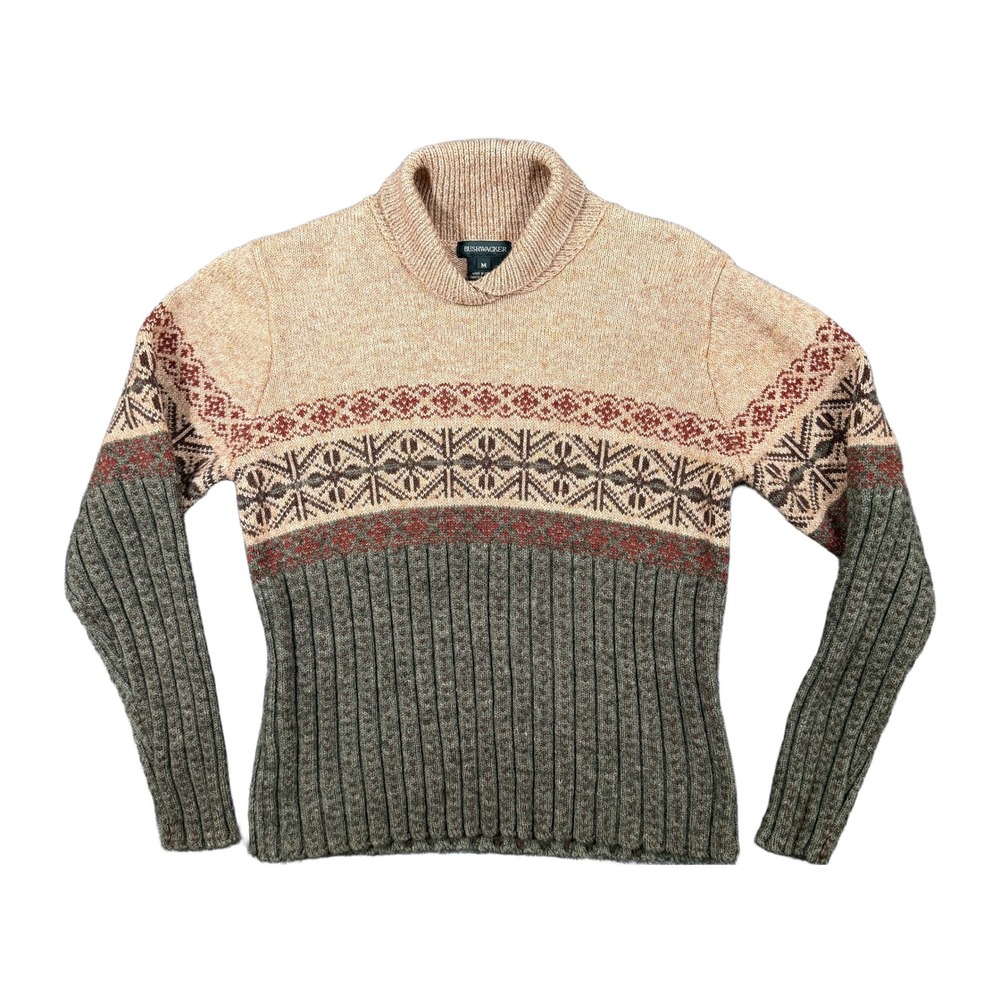 Bushwacker Womens M Fair Isle Shawl Neck Cotton Wool Blend Sweater Tan Green